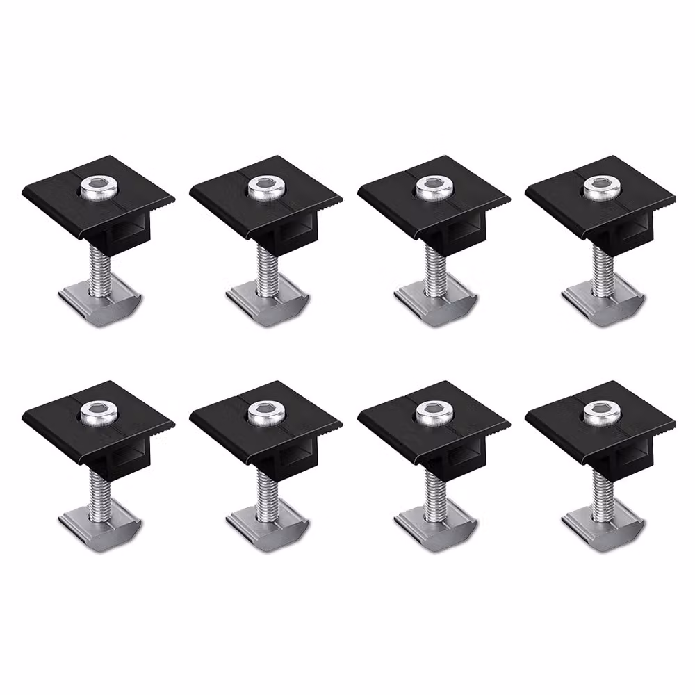 PFCTART Set da 8 supporti per pannelli solari con morsetto centrale da 35 mm, nero, standard, con attacco a vite, per impianti fotovoltaici, montaggio su lamiera trapezoidale, morsetto centrale