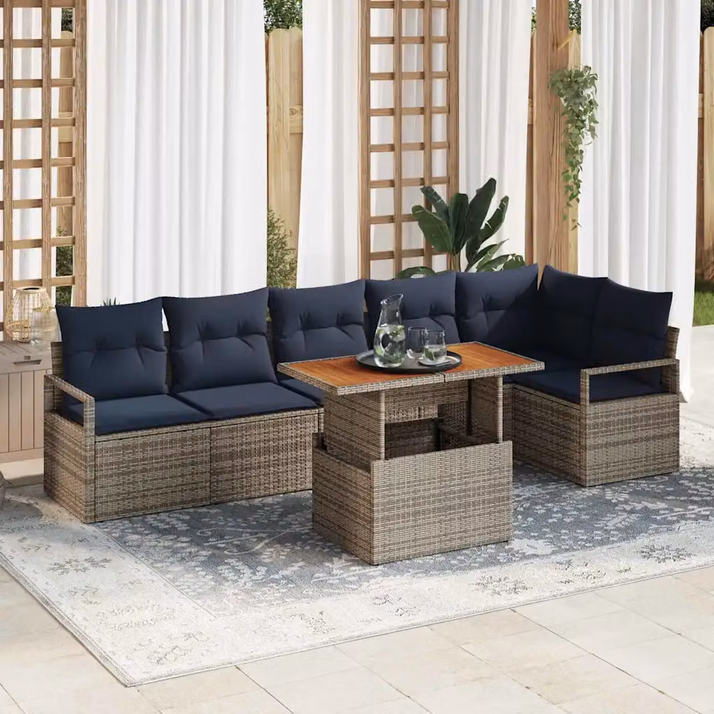 Set Divano da Giardino vidaXL 7 Pezzi in Legno di Acacia e Rattan Grigio e Blu Navy per 6 Persone