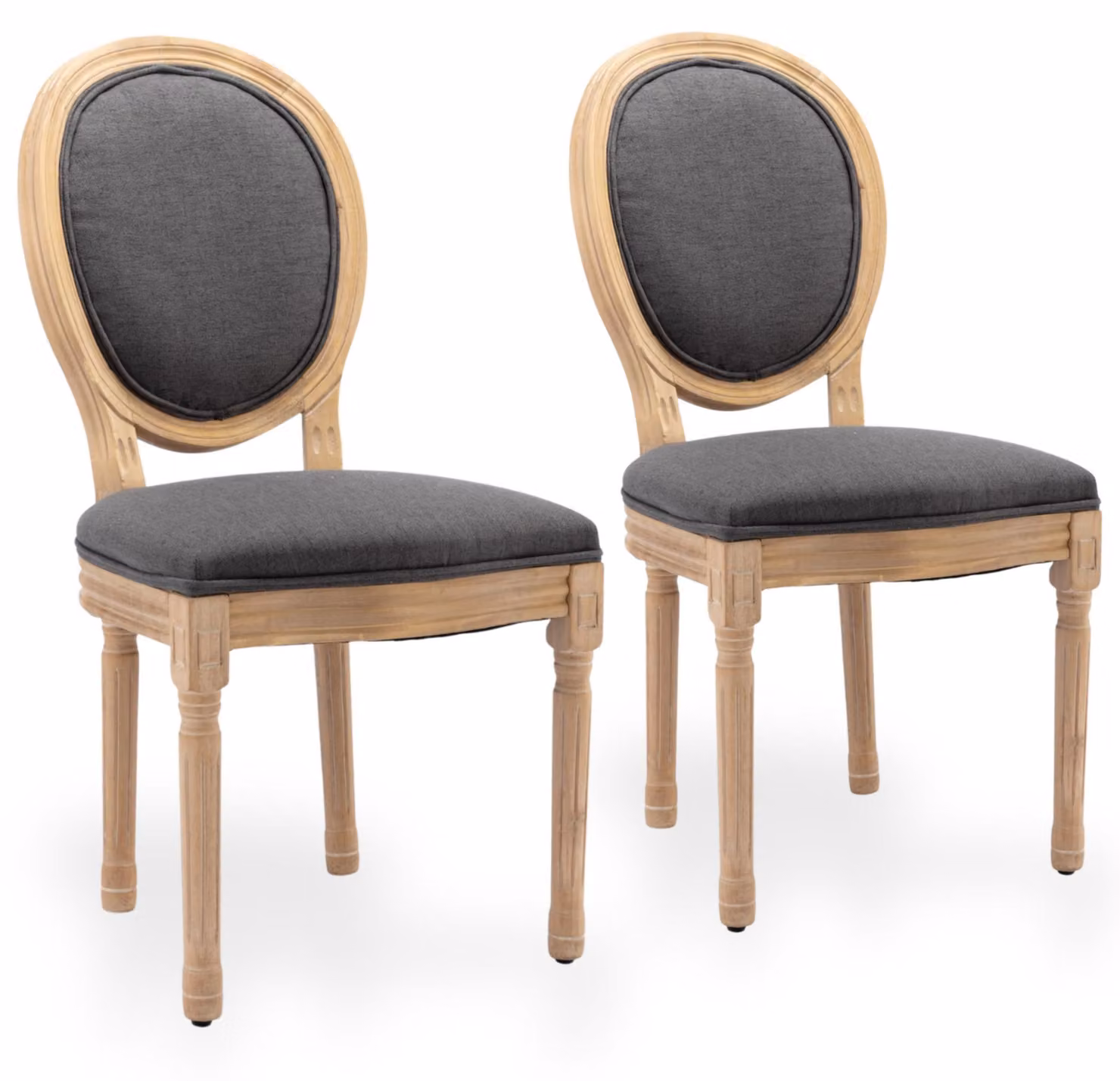Set di 2 sedie da pranzo in lino, con schienale ovale e struttura in legno di gomma effetto anticato, color grigio scuro