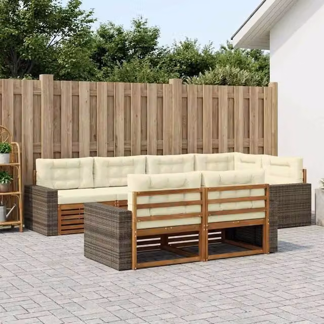 Set di divani da esterno a L vidaXL in legno di acacia con cuscini beige e bianchi