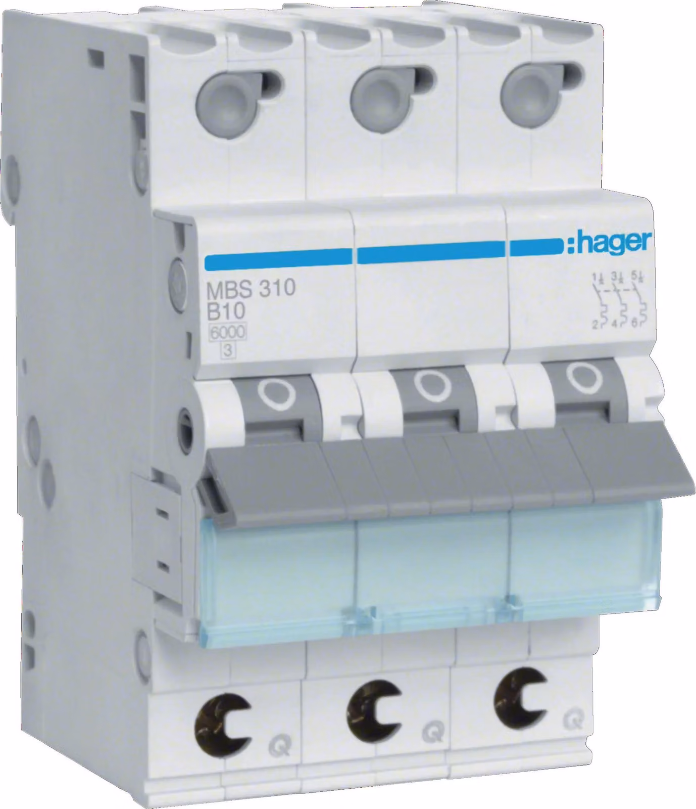 Interruttore LS Hager a 3 poli 6 kA caratteristica B 10 A 3 moduli Hager MBS310, 1 pz.
