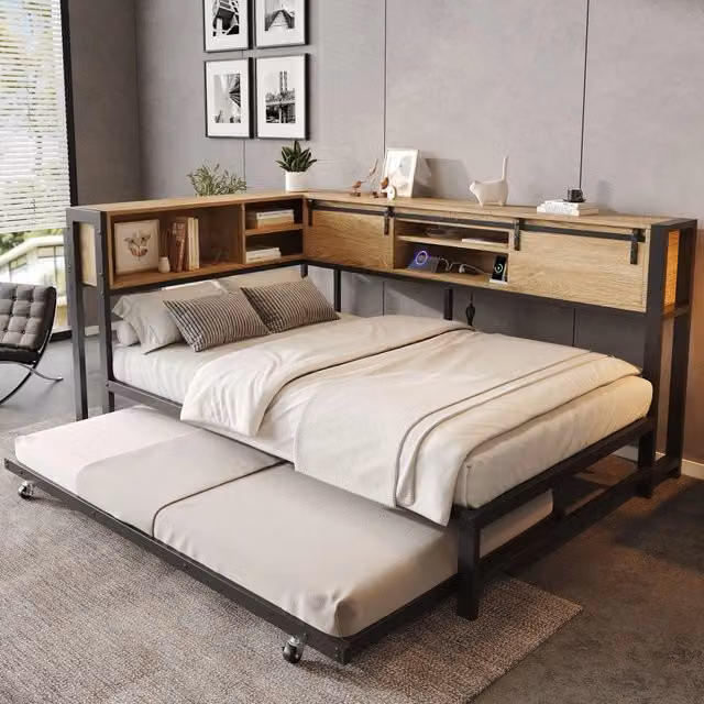 Letto in metallo 120 x 200 cm, con letto estraibile 90 x 190 cm, vano portaoggetti, funzione di ricarica, colore nero e legno naturale