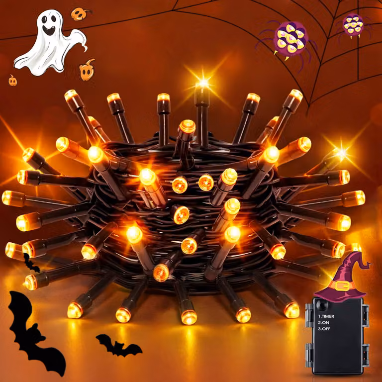 Catena luminosa da 5 metri, con 50 LED arancioni, alimentata a batteria, con timer, grado di protezione IP65