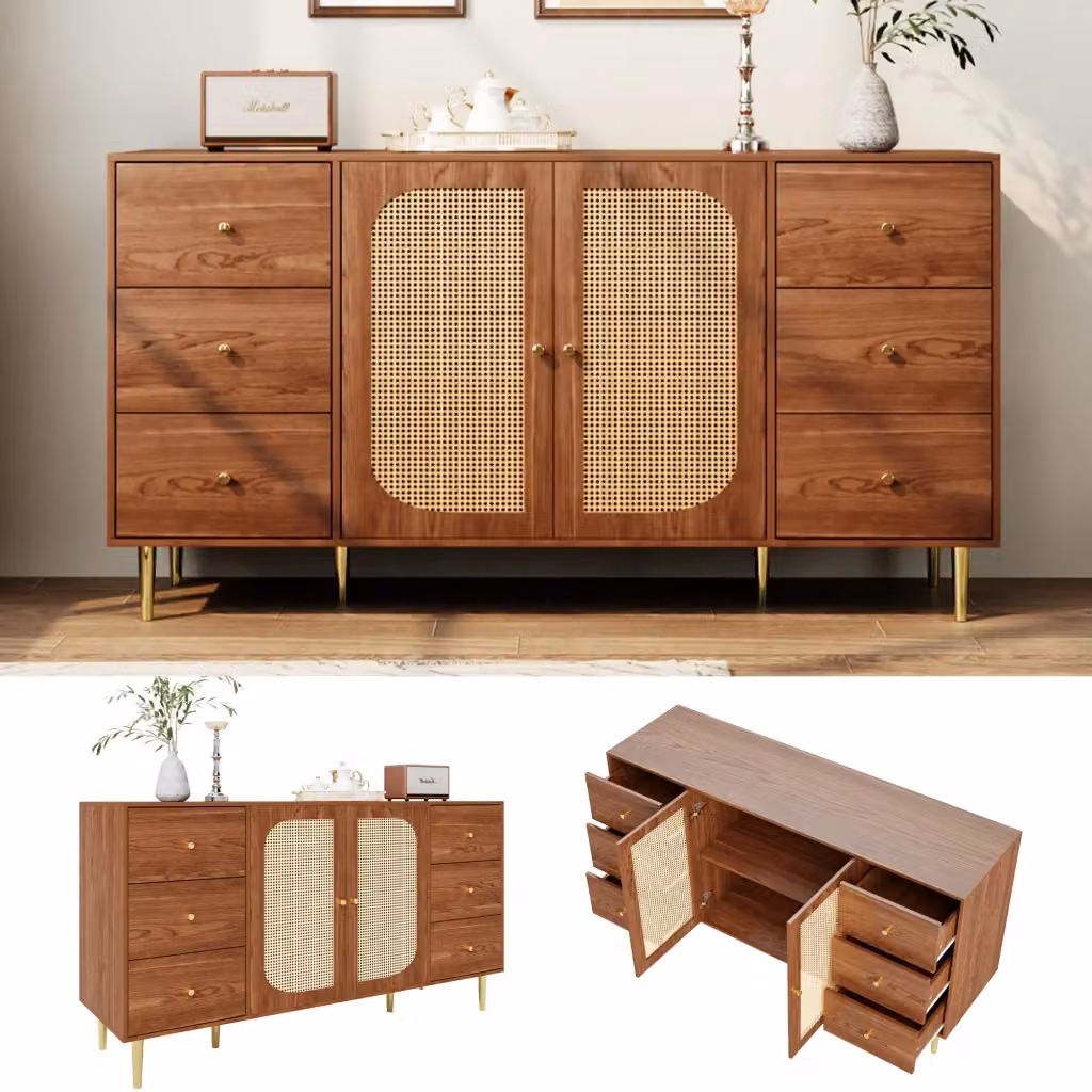 Credenza con 6 cassetti e 2 ante in rattan e MDF colore legno per cucina e soggiorno L: 160 cm, P: 40 cm, H: 90 cm – 2