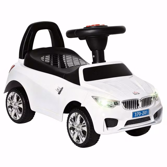 Macchinina Cavalcabile HOMCOM con Volante, Fari e Musiche per Bambini dai 18 ai 36 Mesi, Bianco – 1