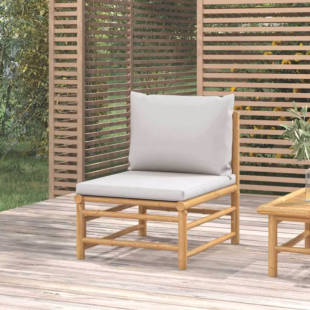 vidaXL Divano Centrale da Giardino in Bambù con Cuscini Grigio Chiaro