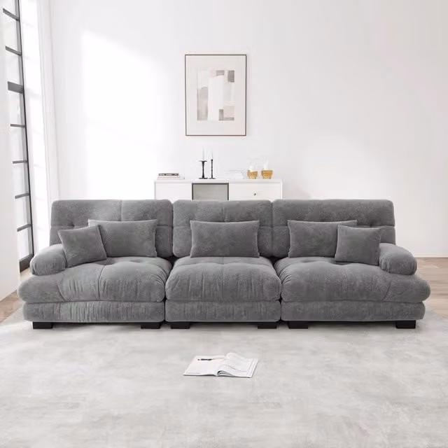 Divano angolare modulare a 3 posti in ciniglia grigia 313 x 77 x 81 cm con seduta profonda e braccioli arrotondati