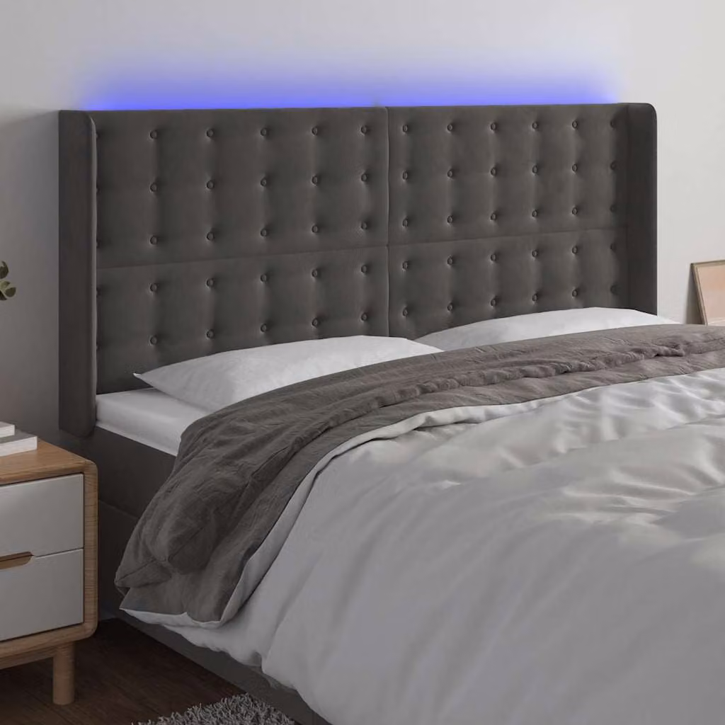 Testiera per letto vidaXL in velluto grigio con illuminazione LED e porta di ricarica USB, L: 163 cm, P: 16 cm, H: 118/128 cm
