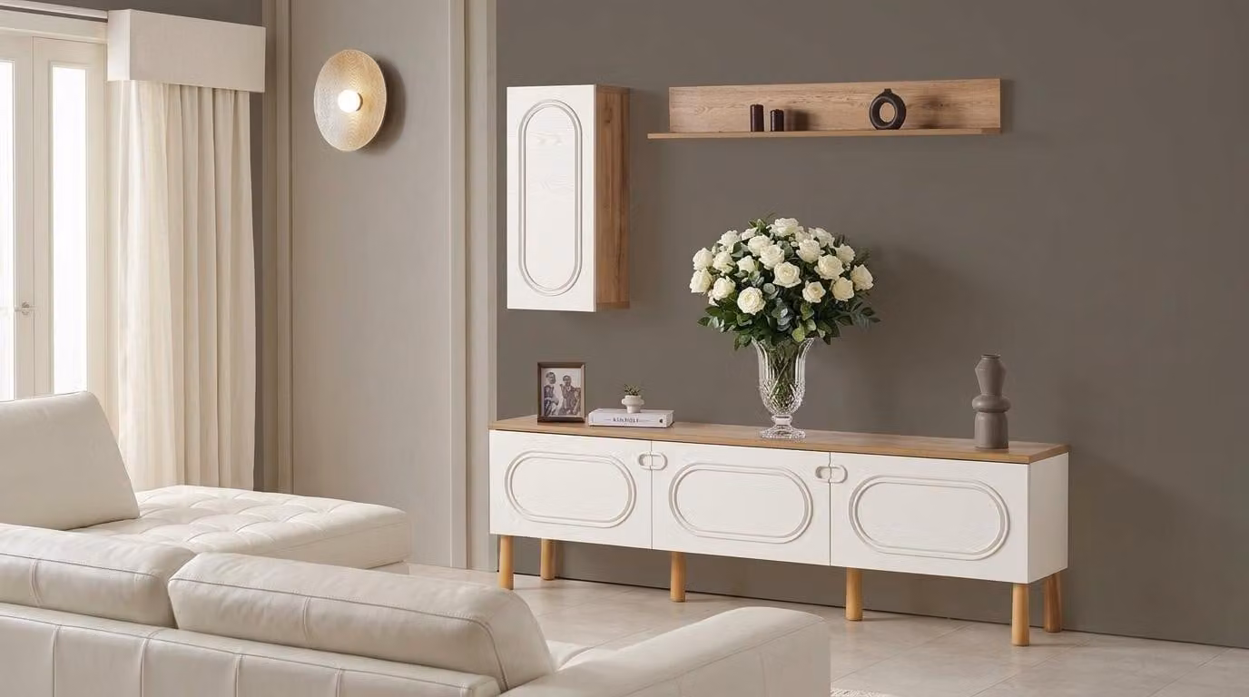 Mobile parete, scaffalatura, armadio, stile moderno, colore beige, pratico