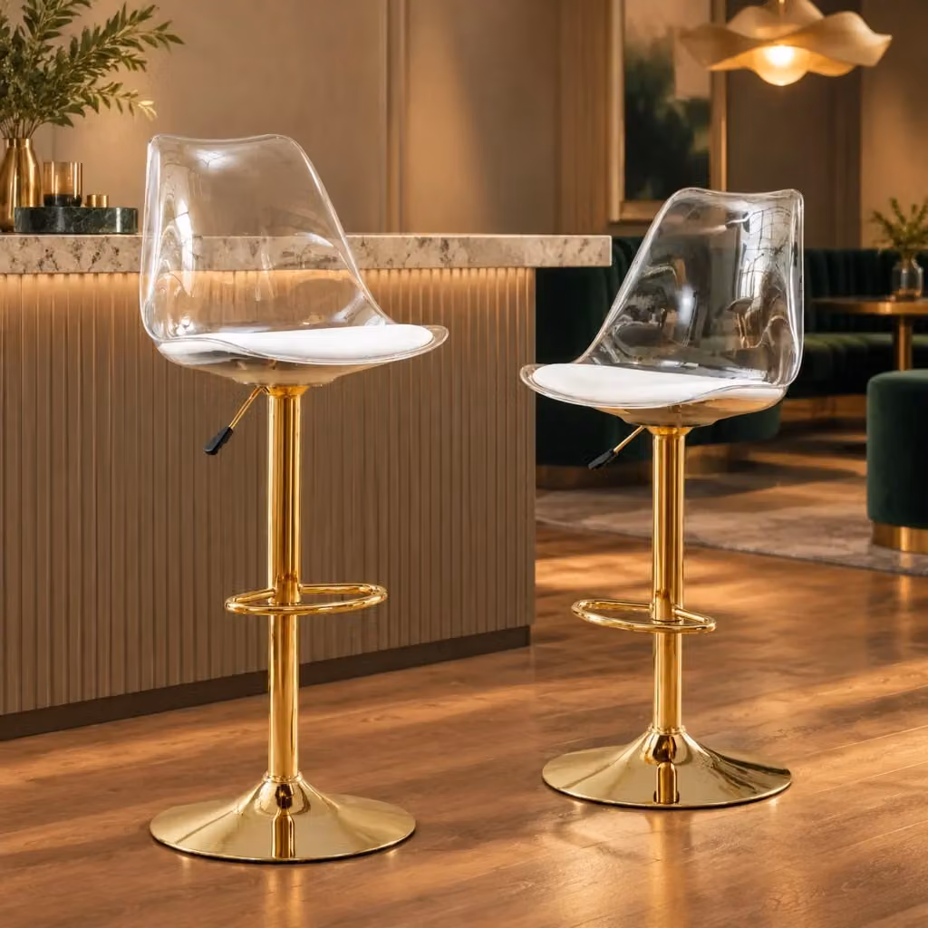 Set di 2 sgabelli da bar MIVRAY girevoli con schienale trasparente e seduta in similpelle bianca e oro, regolabili in altezza – 2