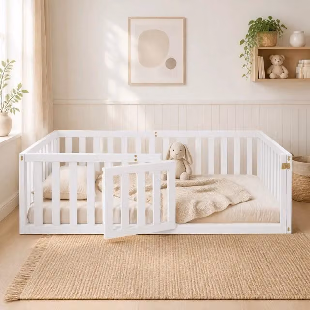 Letto a pavimento per bambini MODFU in legno di pino bianco con recinzione e porticina, L/P/H: 200 x 90 x 60 cm