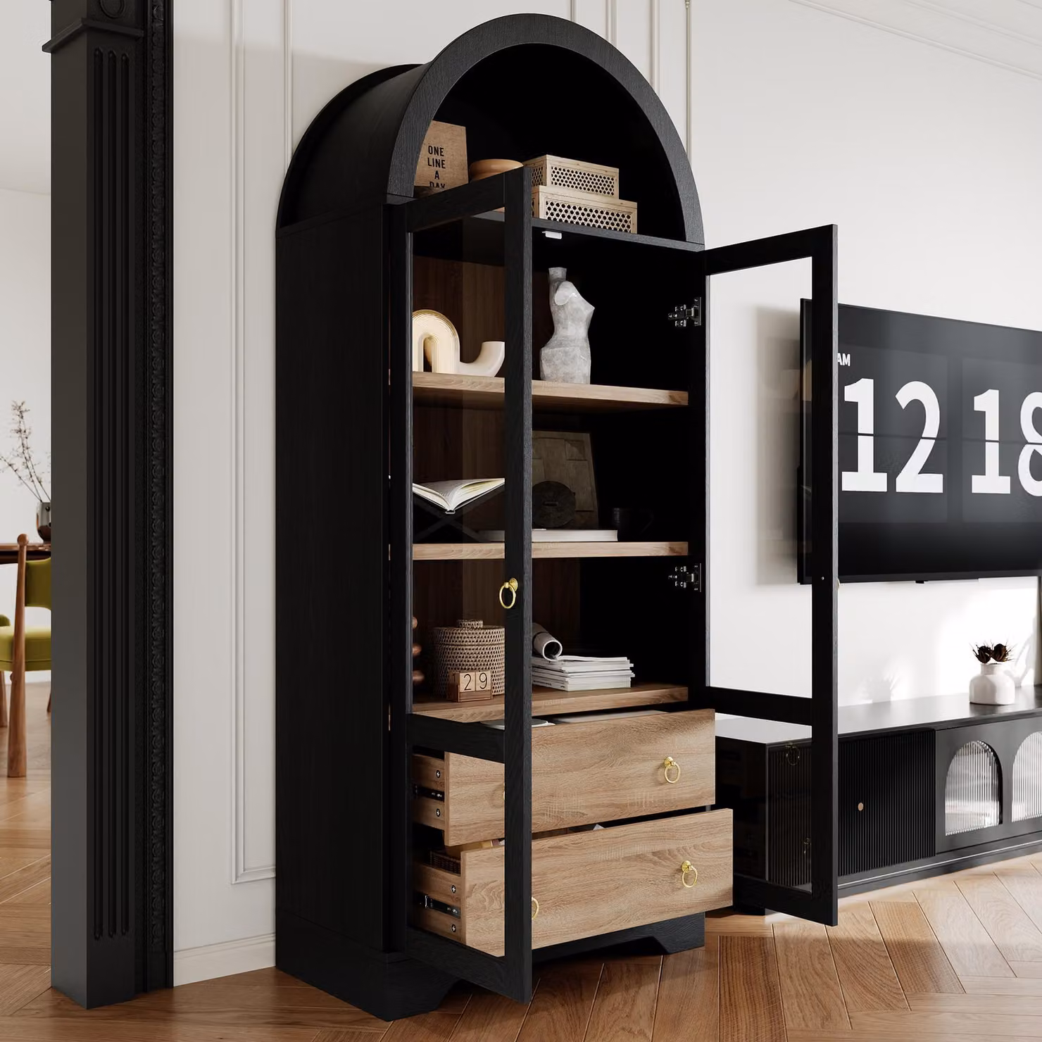 Mobiletto contenitore MODFU con design curvo, pensile da cucina con ante in vetro, vetrina buffet con 2 cassetti e spazio contenitivo, colore nero, dimensioni 76x40x180 cm