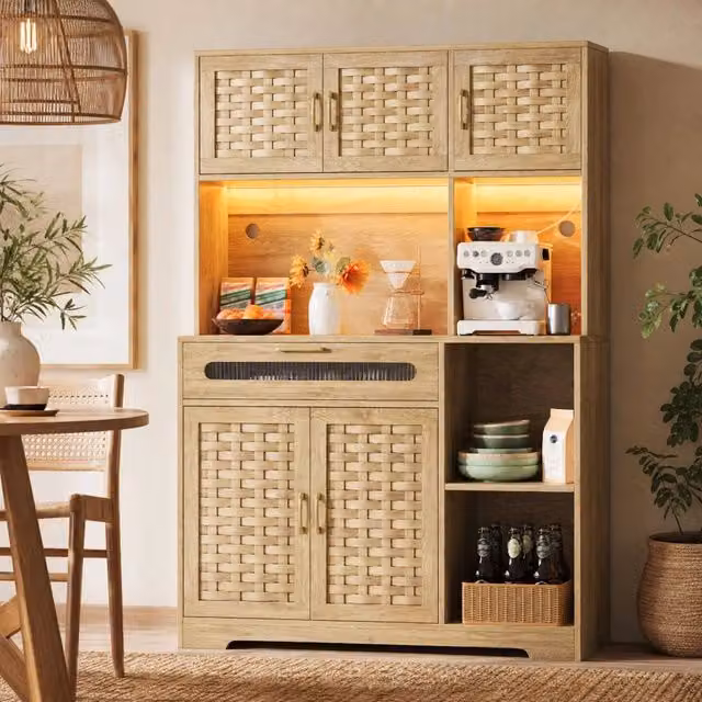Credenza alta 120x40x180 cm in MDF e vetro con LED; USB e ripiano regolabile; naturale