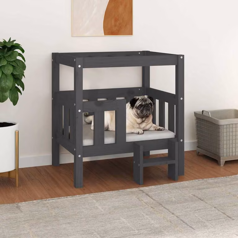 Cuccia per cani vidaXL in legno di pino massello, Grigio, L 65,5 cm x P 50,5 cm x H 70 cm