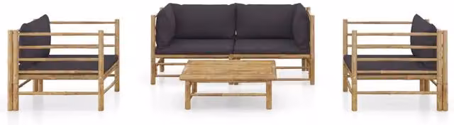 Set Salotto da Giardino Moderno vidaXL in Bambù con Cuscini Grigio con Divano a 3 Posti, Poltrona, Elemento Angolare e Tavolino da Caffè