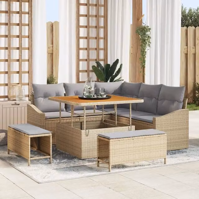 Set Divano da Giardino 8 Pezzi vidaXL Beige con Poltrona, Tavolino e Cuscini in Polyrattan e Acciaio – 1