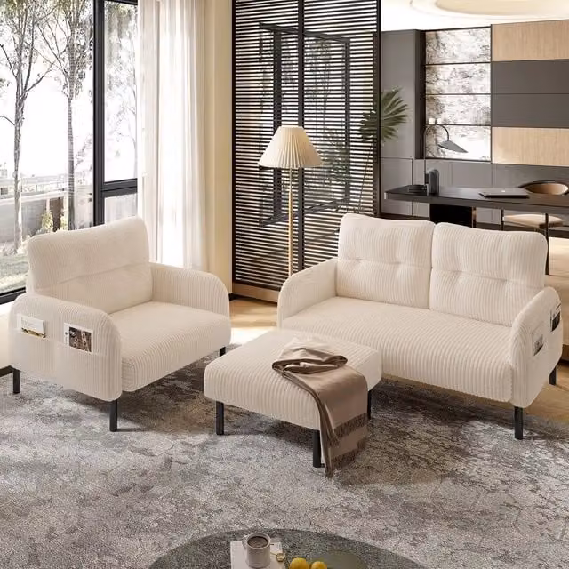 Divano 2 posti + Poltrona + Poggiapiedi ¨C Minimal ¨C Beige tessuto struttura metallo con tasche laterali