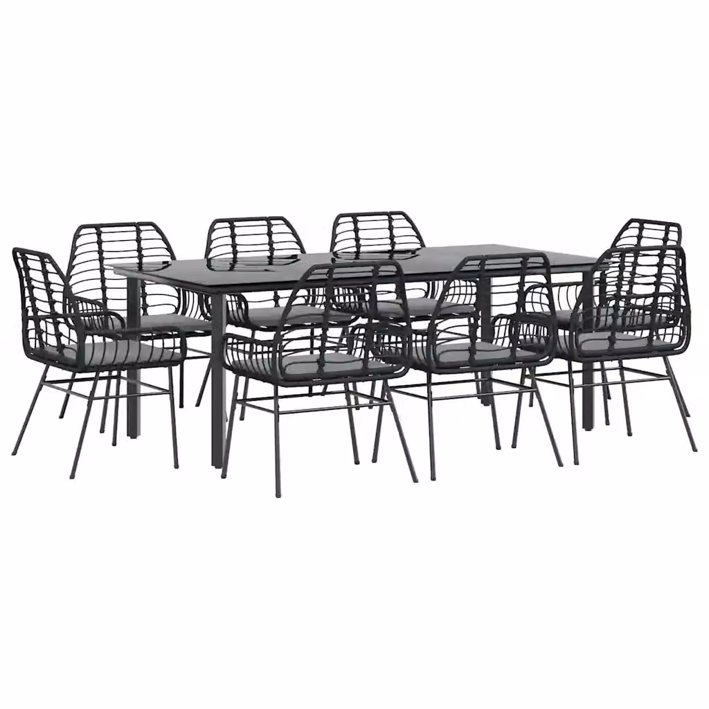 Set da pranzo da giardino vidaXL in polyrattan con cuscini e tavolo in vetro, 9 pezzi, nero e grigio – 2