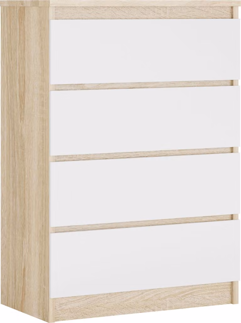 Cassettiera con 4 cassetti, colore: rovere Sonoma / bianco opaco, 70 x 101 x 39 cm