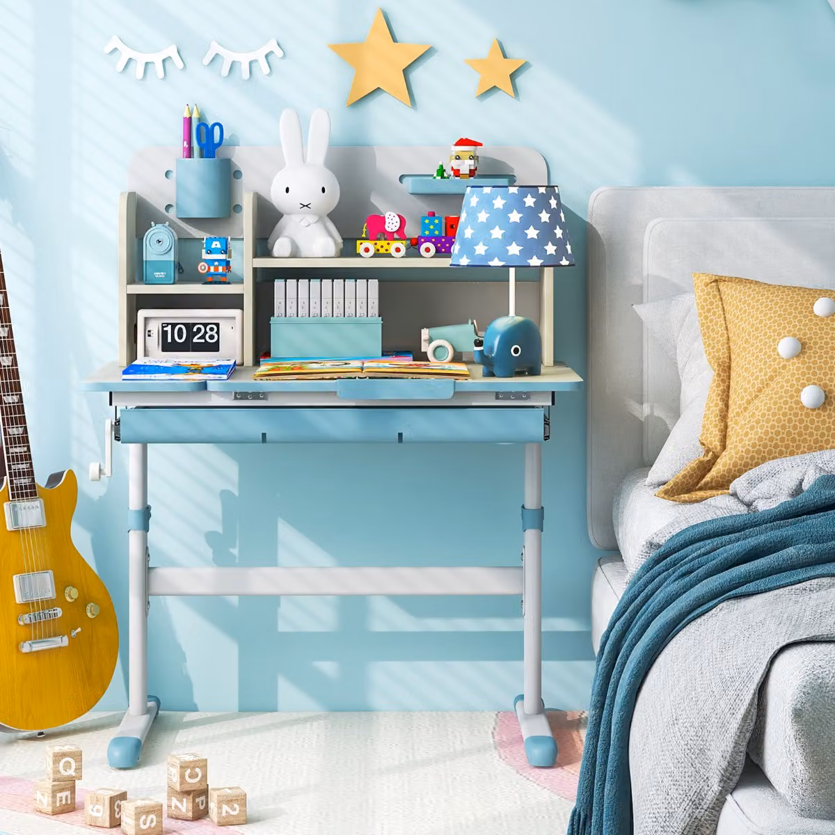 Scrivania per studio Costway per bambini con piano inclinabile e altezza regolabile, colore blu