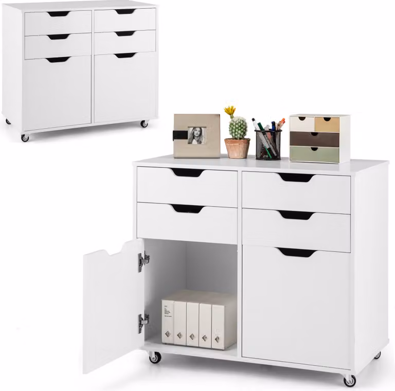 KOMFOTTEU: mobile portadocumenti con 5 rotelle, cassettiera a 4 cassetti e 2 armadietti con ante, supporto per stampante in legno, mobili contenitori per ufficio e soggiorno