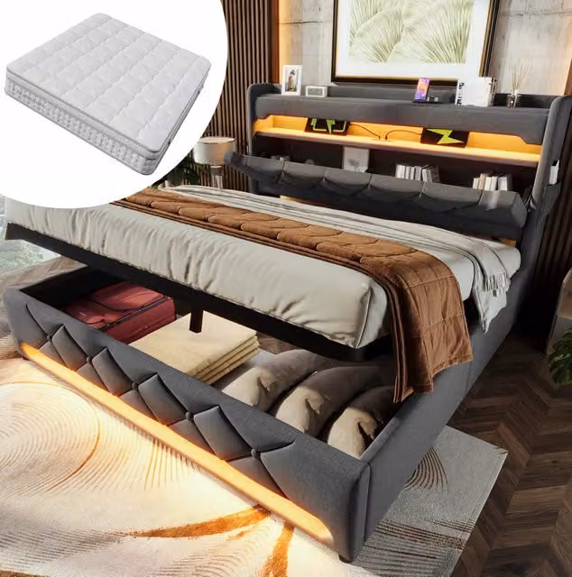 Letto matrimoniale 180x200 cm in lino grigio con contenitore; LED 360° e ricarica USB Type-C
