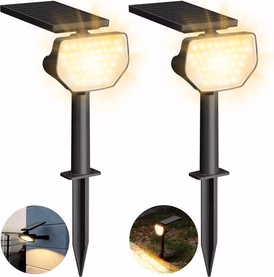 Set di 2 lampade solari da esterno con 43 LED e pannello solare girevole, illuminazione 2 in 1 bianco caldo, protezione IP65 per giardino, montaggio a parete o su picchetto