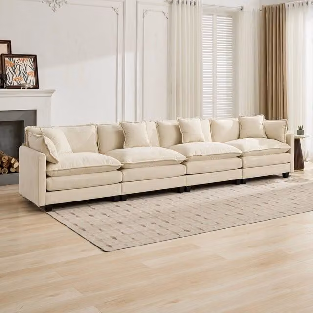 Divano 4 posti ¨C Minimal ¨C Beige tessuto imbottito cuscini