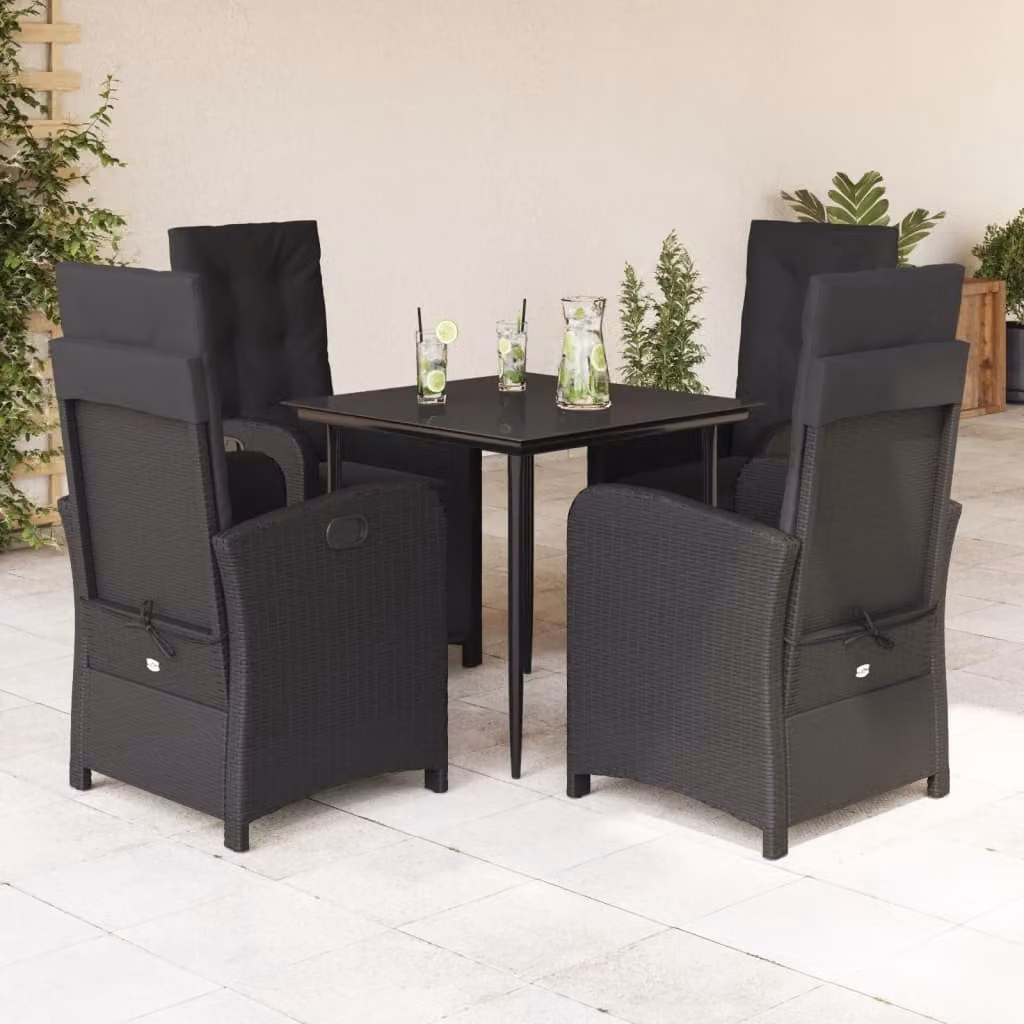 vidaXL Set da Pranzo da Giardino 5 pz in Polyrattan Nero con Cuscini e Tavolo in Vetro