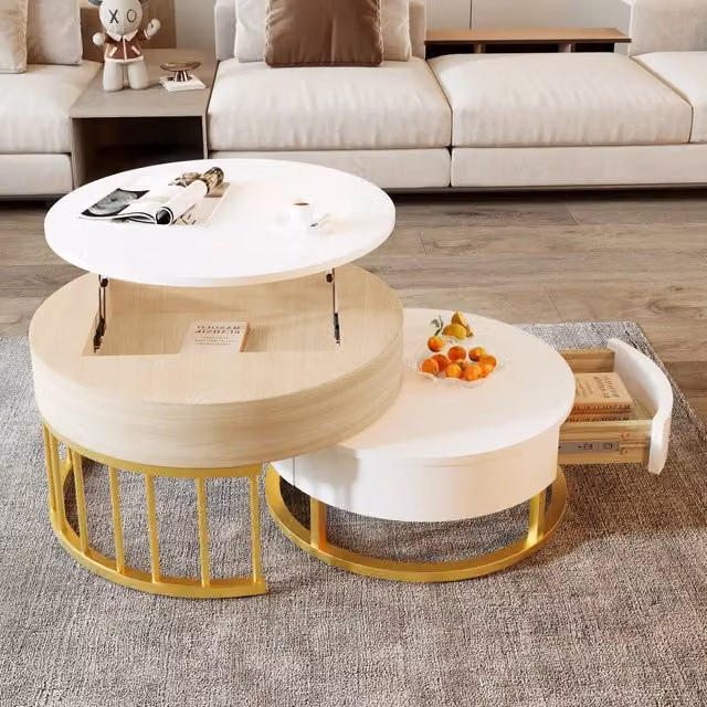 Tavolino da caffè rotondo 2 pezzi con piano sollevabile; cassetto; MDF bianco effetto legno