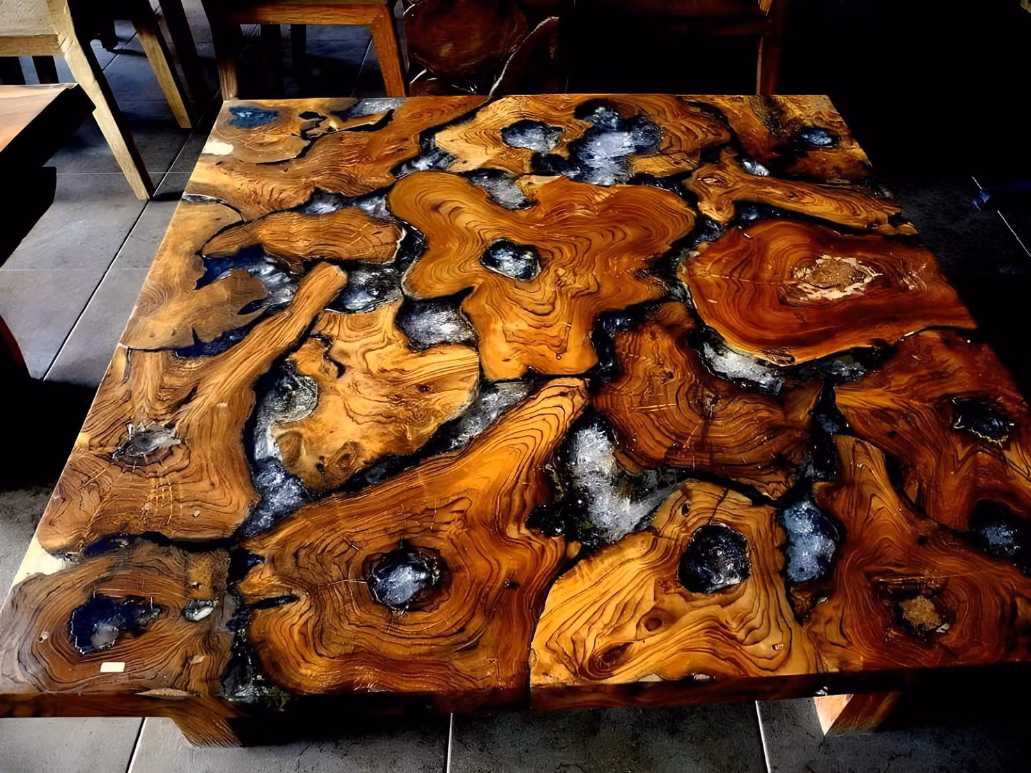 Epoxid harz esstisch echtes massive holz möbel wasserfall epoxy tisch 100x100