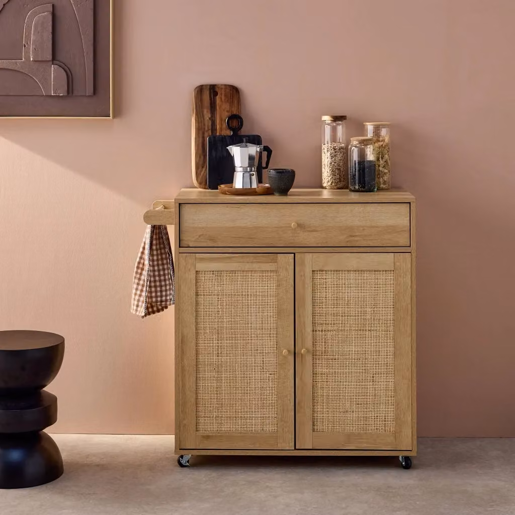 Carrello da cucina Sweeek in legno e MDF stile boho con cassetto e ruote, marrone, L: 80 cm, P: 50 cm, H: 90 cm – 2