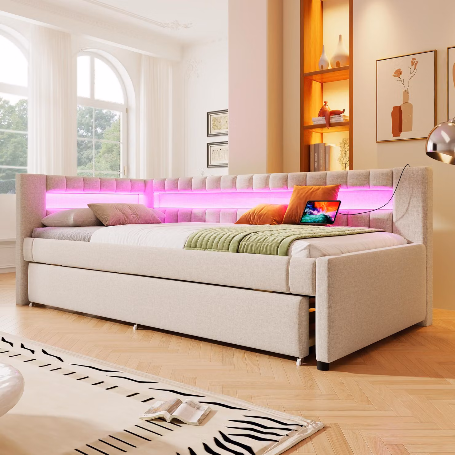 Divano letto STILVORA con rete, letto da giorno estensibile, letto imbottito 90×200 con contenitore, letto per ragazzi con USB + TYPE-C, struttura letto senza materasso