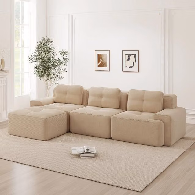 Divano modulare senza struttura rigida in velluto a coste beige; 293×177×69 cm