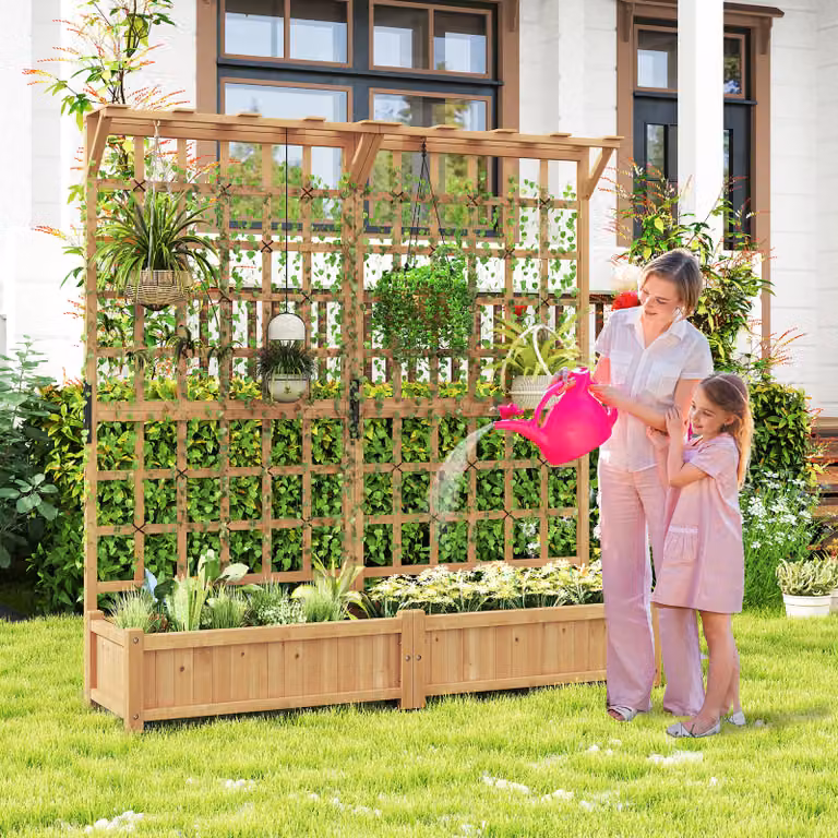 Costway Contenitore per piante in legno con traliccio e fori di drenaggio, Letto da giardino elevato per piante rampicanti e fiori, Colore Marrone