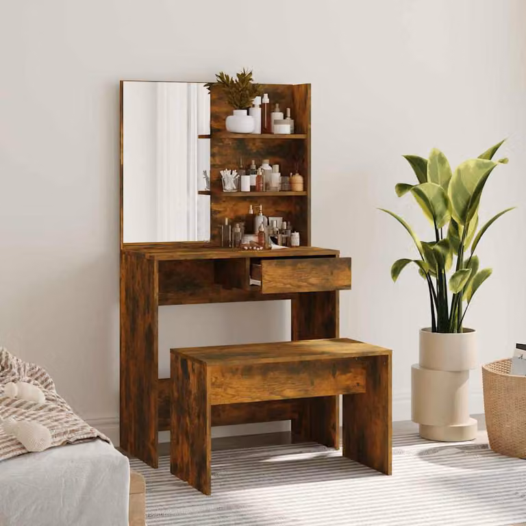 Set Tavolo da Toeletta vidaXL in Rovere Fumo, L/P/H: 74,5 x 40 x 141 cm