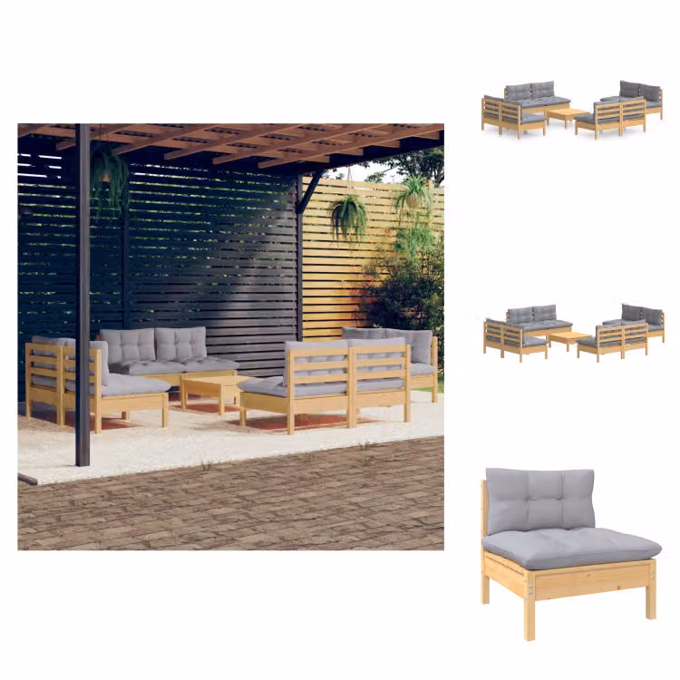 vidaXL Set 9 pezzi da giardino con cuscini grigi in legno di pino - Set di mobili da giardino