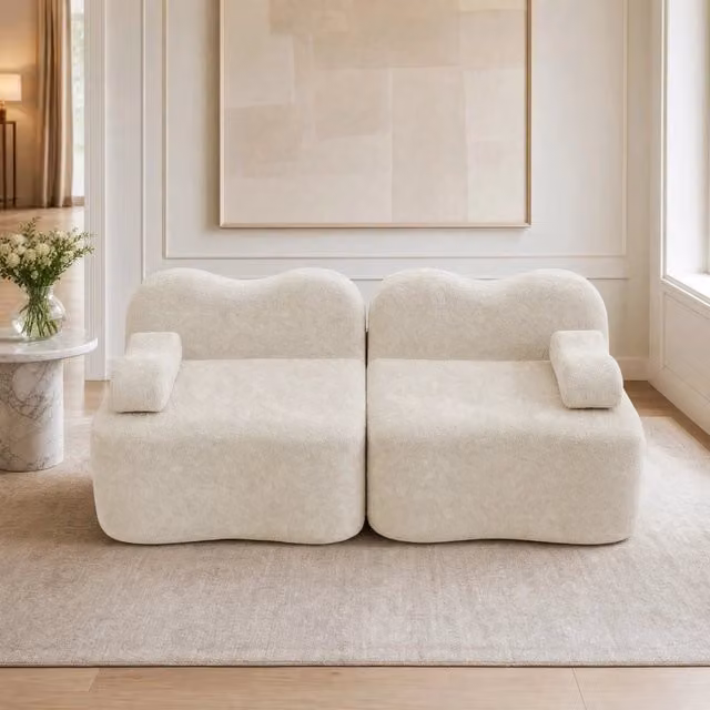 Divano modulare da soggiorno 192x98x70 cm in velluto beige; design ondulato senza montaggio