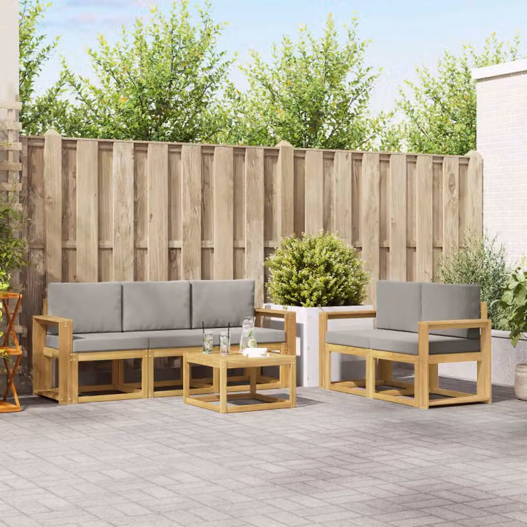 vidaXL Set di divani da esterno a L composto da 6 pezzi con tavolo da caffè, in legno di acacia e tessuto bianco, grigio e marrone