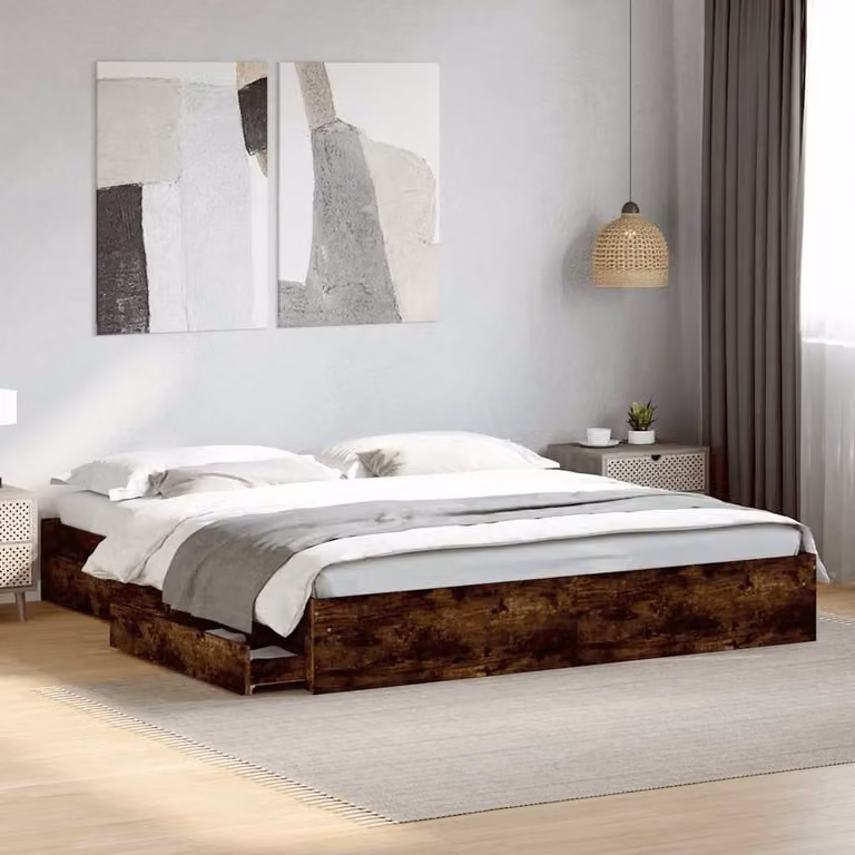 vidaXL Giroletto con Cassetti in Legno Multistrato Rovere Fumo L/P: 200 x 200 cm