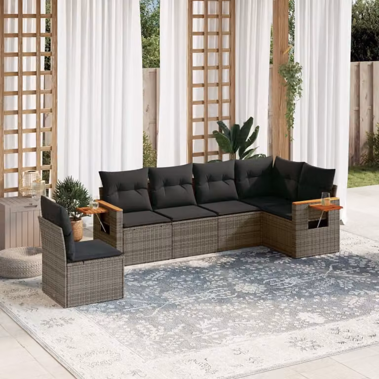 Set Divano da Giardino a L vidaXL in Polyrattan Grigio con 6 Pezzi e Cuscini