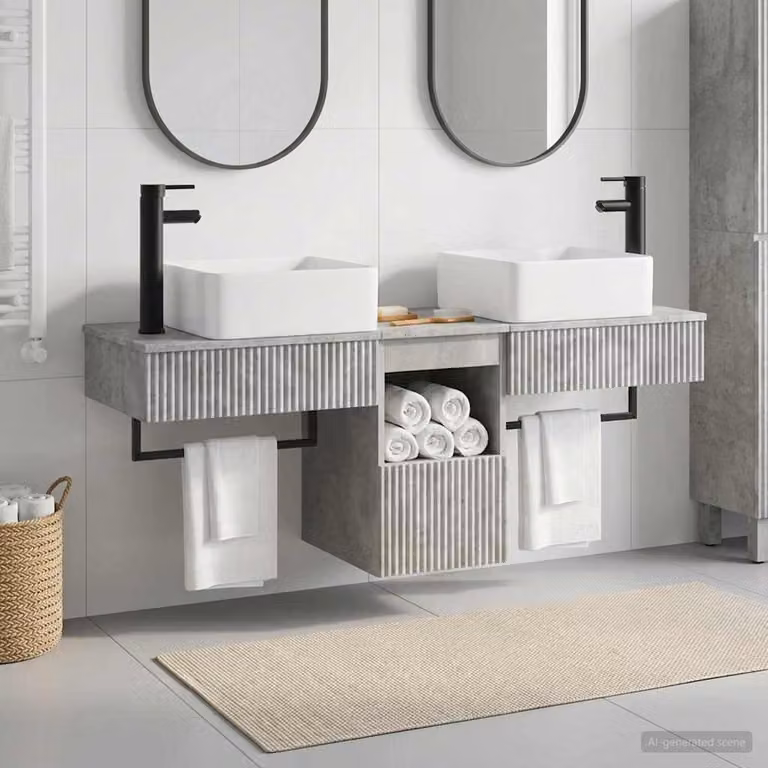 Set di 3 armadi da bagno moderni vidaXL in legno e metallo, colore grigio, L 136 cm x P 35 cm x H 80 cm