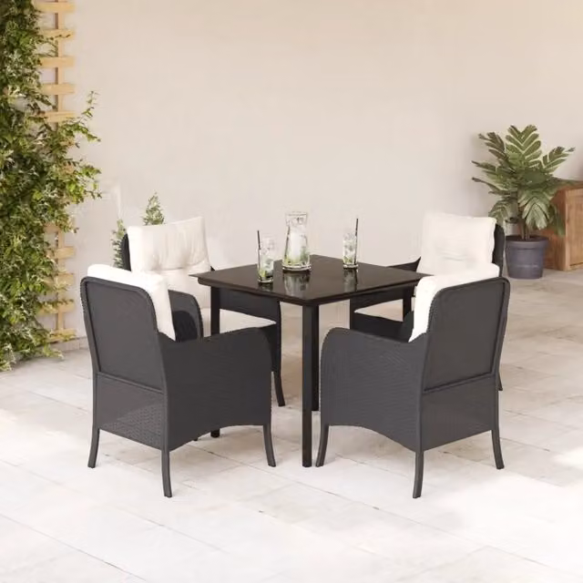 Set da pranzo da giardino moderno vidaXL in polyrattan nero e bianco con tavolo in vetro e 5 sedie – 1