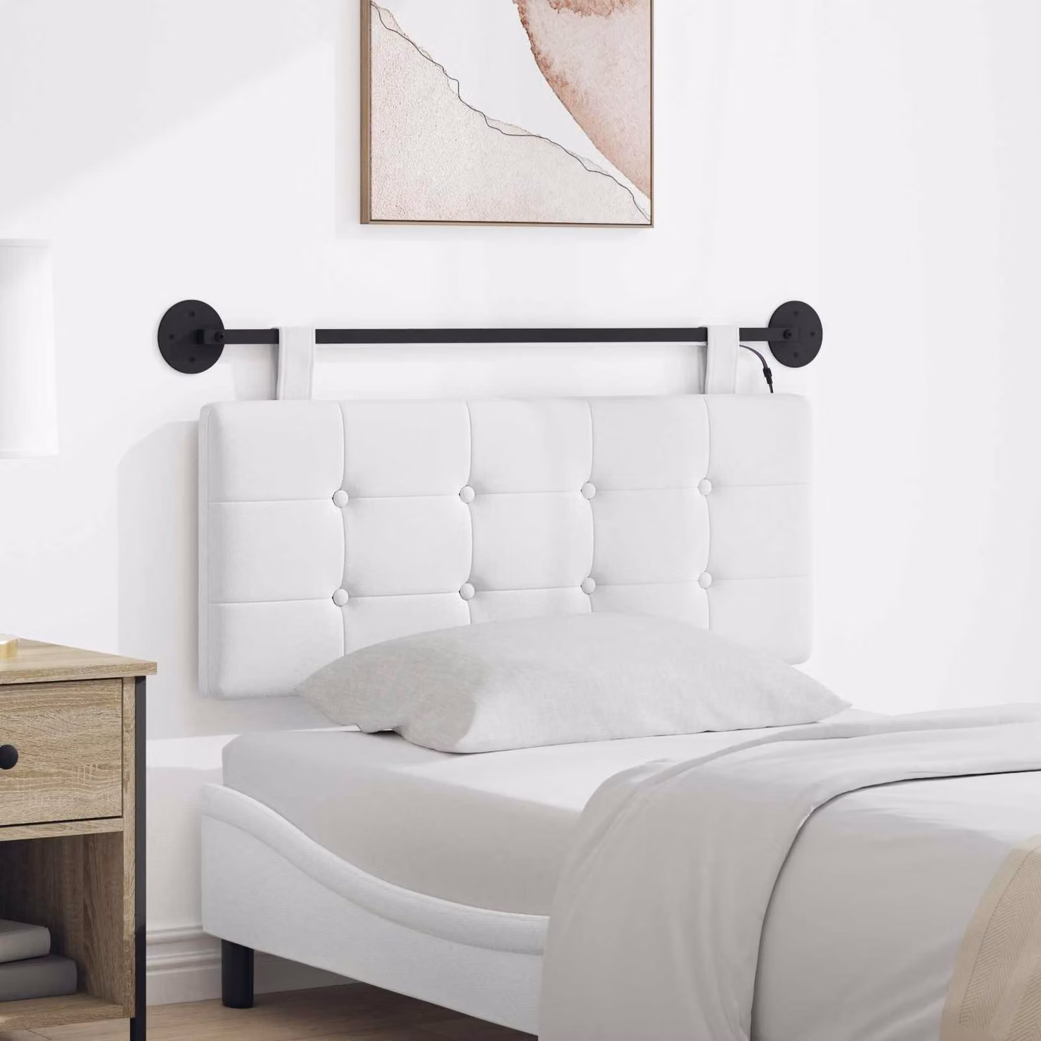 Testiera per letto sospesa vidaXL con luce LED integrata in tessuto bianco