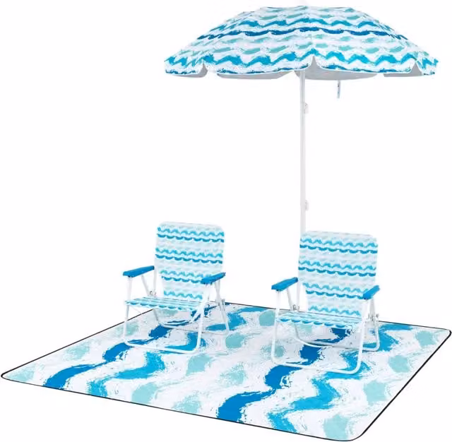 Set da spiaggia da 4 pezzi con ombrellone 190 x 195 cm 2 sedie pieghevoli comode atmosfera accogliente in poliestere blu 20_0011922