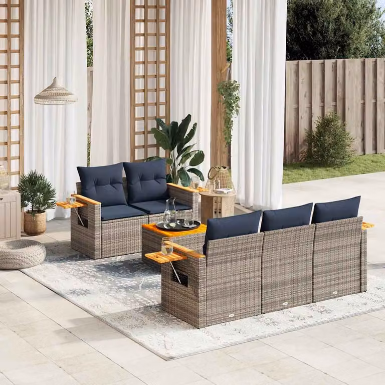 Set di divani da giardino vidaXL in polyrattan grigio con cuscini, tavolino e poltrone per esterno a forma di L