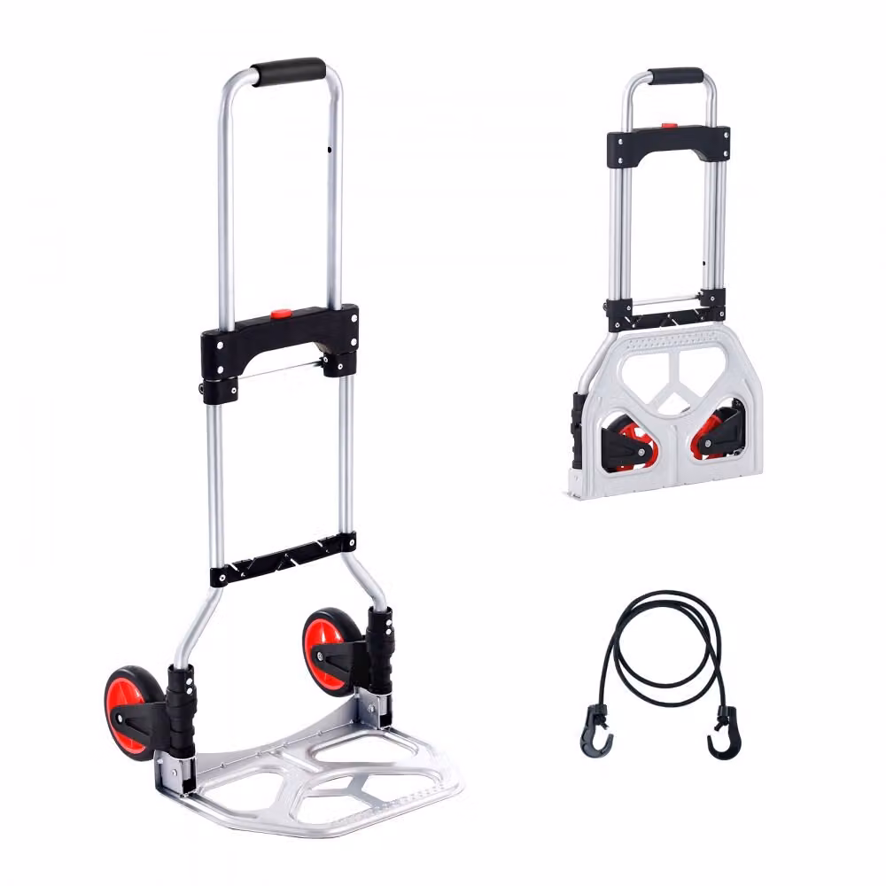 Carrello da trasporto - Pieghevole da 80 kg - Lega di alluminio e plastica - Carrello impilabile - Maniglia regolabile da 715 a 930 mm - Carrello pieghevole con corda di legatura - Dimensioni compatte per lo stoccaggio