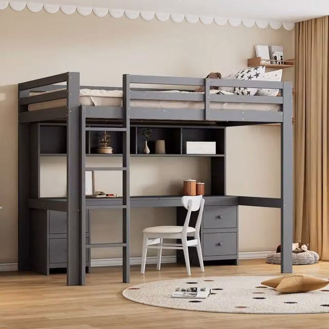 Letto alto grigio in pino e MDF 90×200 cm per bambini, con scrivania, 4 cassetti, 4 grandi contenitori, sponda alta e scala stabile