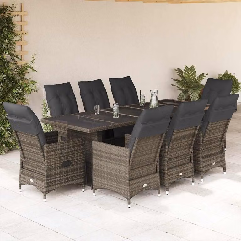Set Bistrò da Giardino vidaXL 9 pz in Polyrattan e Metallo con Cuscini e Piano in Vetro Grigio