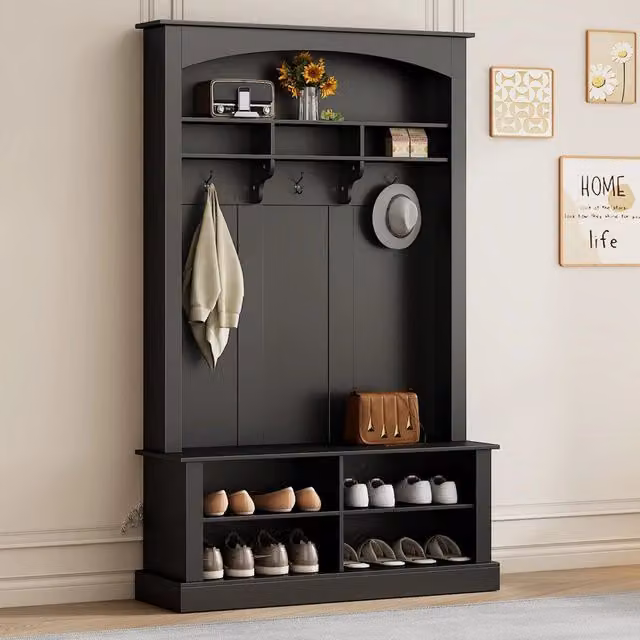 Set Ingresso Minimal con Panca, Scarpiera e Appendiabiti Nero, H 190 x L 120 x P 40 cm